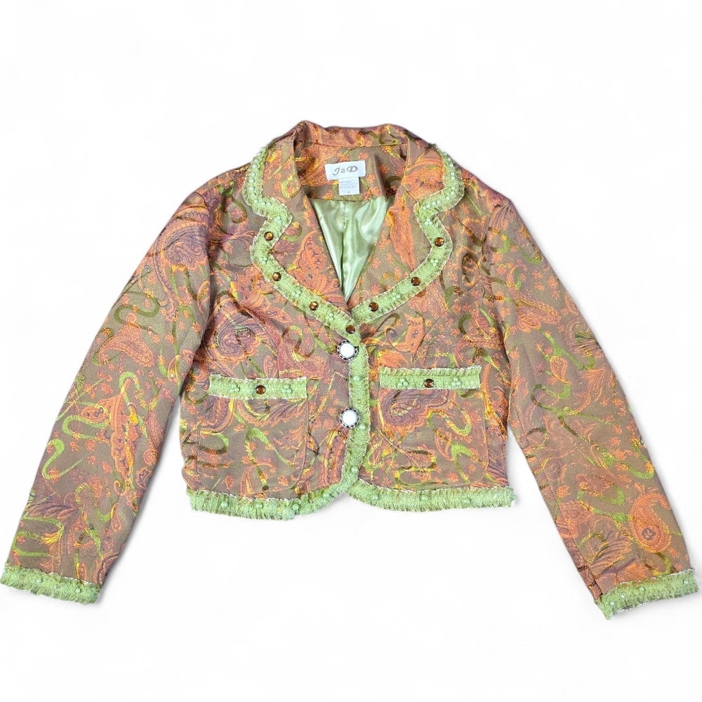 Boho Y2K Paisley Brocade Embellished Cropped Jacket Beaded Blazer Medium Whimsy